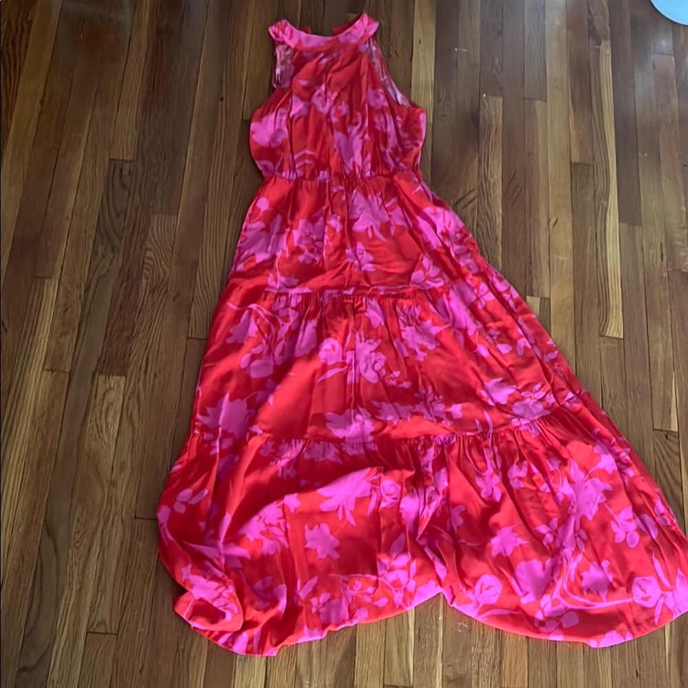 Vibrant Red and Pink Floral Halter Dress